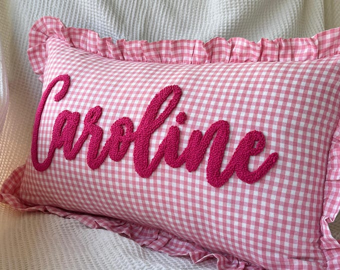 Personalized Name Pillow, Nursery Pillow, Pillow, Embroidered Punch Needle Pillow, Ruffled PillowShams, Decorative Baby Name Pillow
