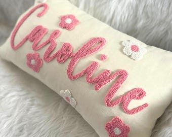 Custom Embroidered Punch Needle Pillow, Handmade Gift, Kid Room Home Decor, Custom Name Pillow Cover, Personalized Baby Gift Nursery Decor