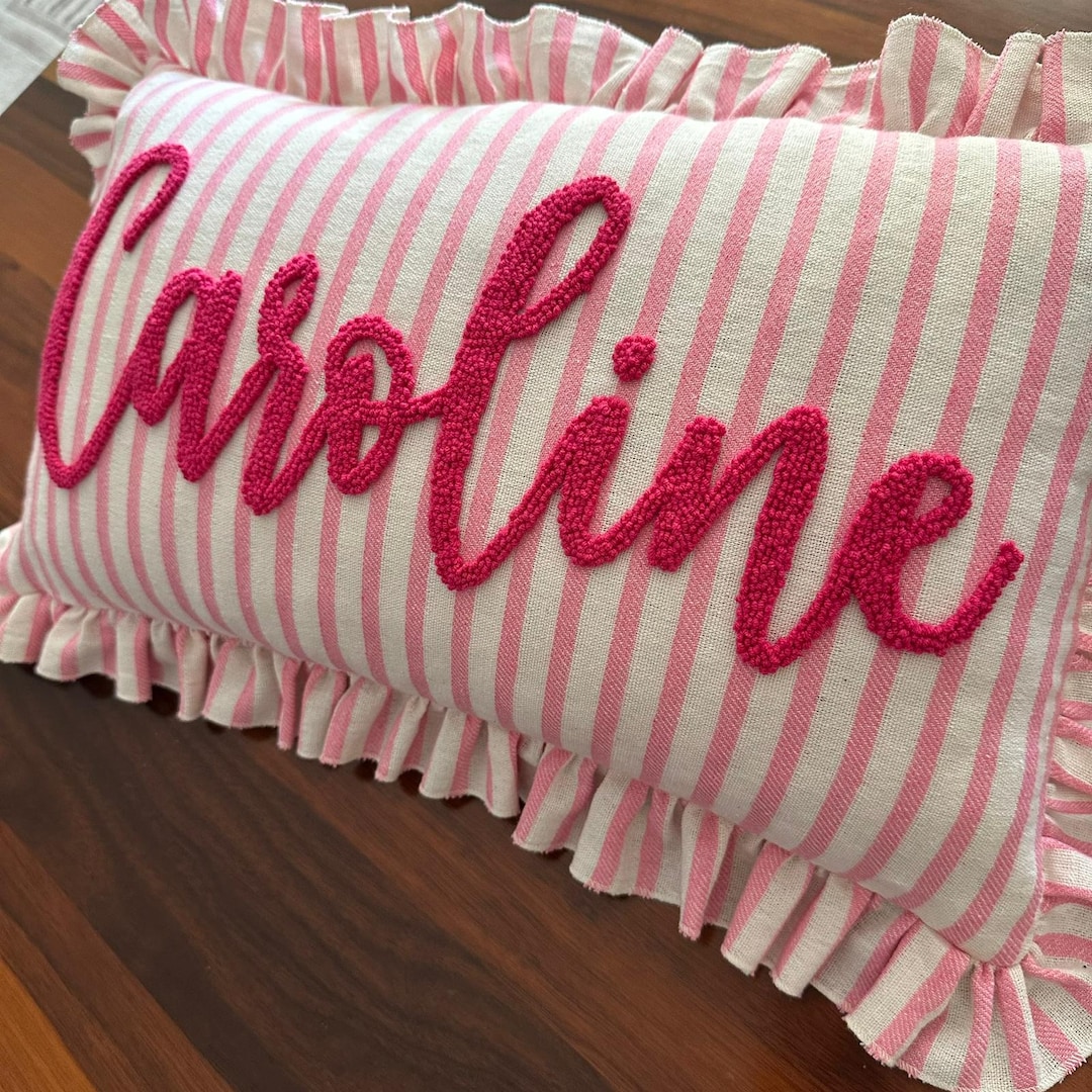 Personalized Striped Ruffled Pillow Cover, Custom Name Embroidery Cushion - Green, With Insert "12x20