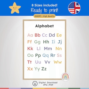 Può includere: Poster dell'alfabeto con lettere colorate dalla A alla Z. Il poster include il testo "Alphabet" in alto ed è pronto per la stampa. L'immagine include anche il testo "8 formati inclusi! Pronto per la stampa! 300 DPI • Alta qualità".