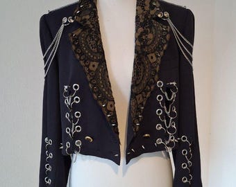 Black Cropped Lace Blazer – Gothic Art Jacket with Chains | Designer Runway Piece by Alla Kovtun