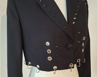 Avantgarde Punk Blazer with Metal Spikes — Runway Collector’s Jacket, Black Cropped Statement Piece"