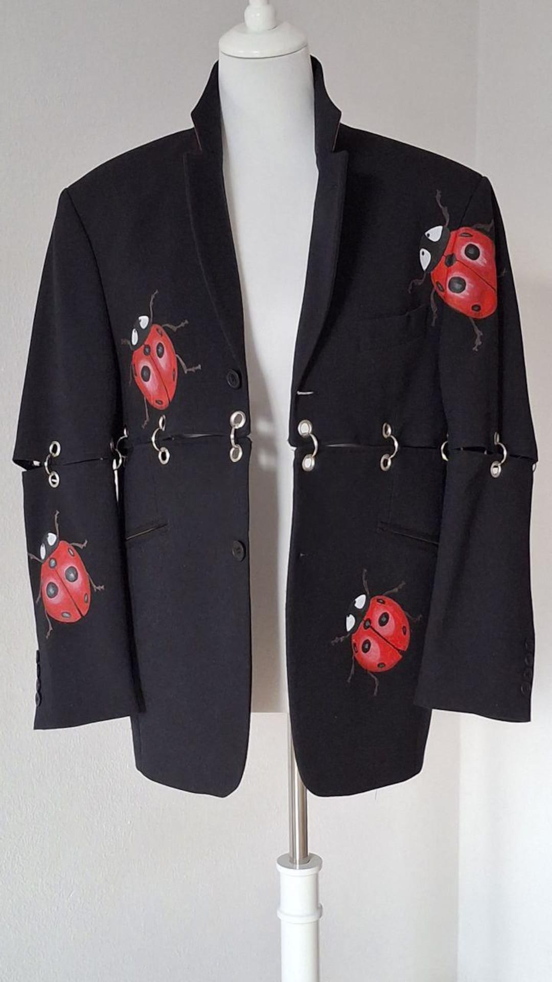Ladybug Pattern Jacket Hand-painted Convertible Unisex Blazer With Ladybugs – Black Artistic ...