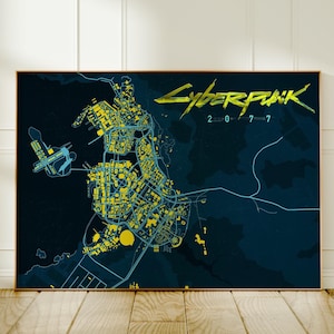 Pôster do mapa Cyberpunk 2077 - Mapa da cidade noturna - Arte de parede de videogame - Decoração Cyberpunk - Presente para jogadores - Arte de jogo futurista