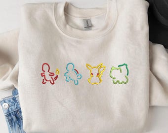 Embroidered Retro PKM Characters Sweatshirt, Trendy Cartoon Anime Crewneck, Anime Gifts, Gift for Friend, Funny Video Game Sweater