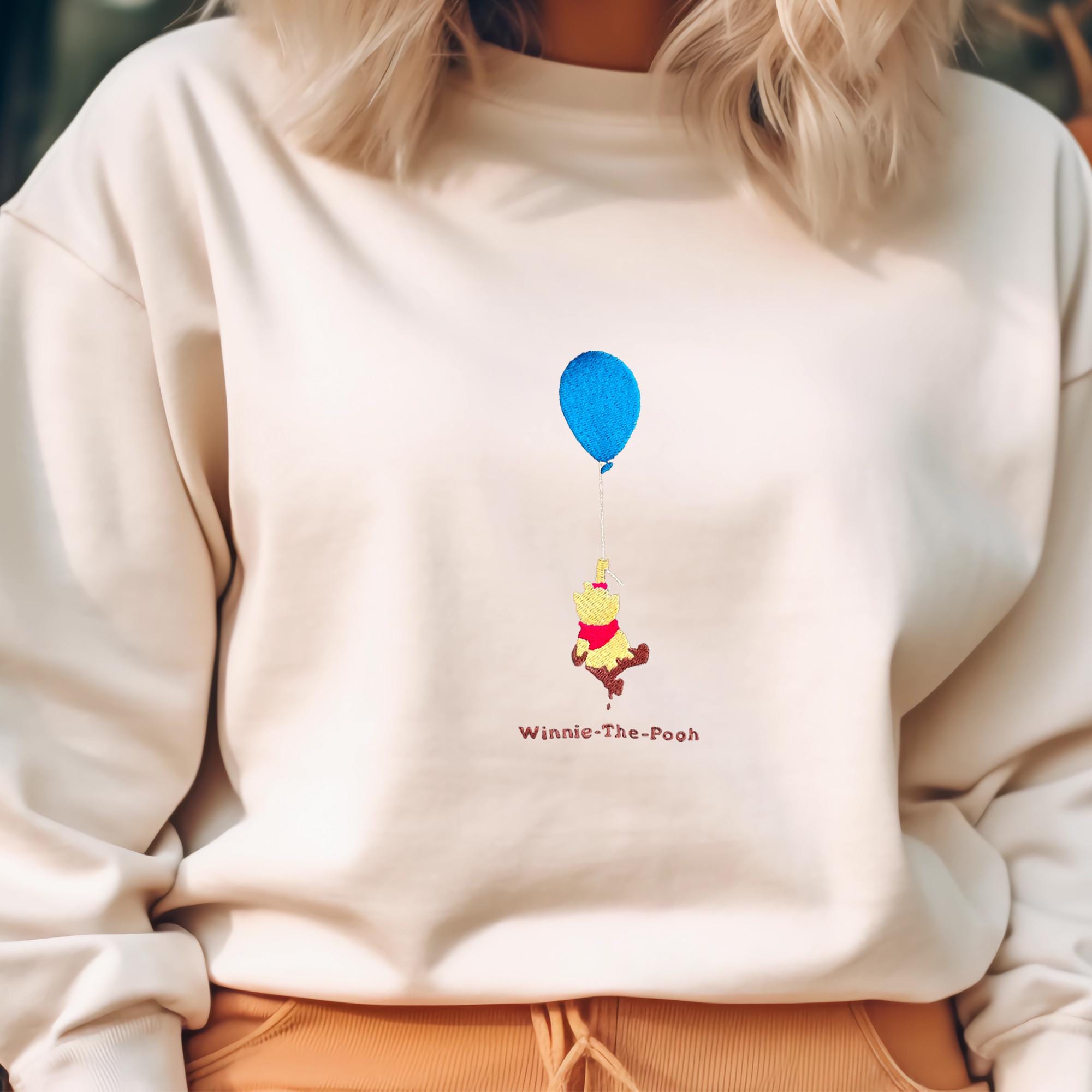Retro Winnie The Pooh Balloon Sweatshirt, Cool Embroidered Disney Winnie Sweater, Winnie The Pooh Hoodie, Embroidered Trendy Sweatshirt