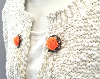 Sweater Clip Bright Orange Collar Clip Beaded Chain Cardigan Clasp Vintage Inspired