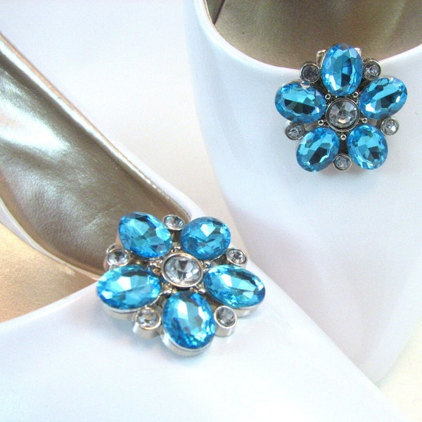 Aqua Blue Flower Shoe Clips Red Acrylic Stones Pretty Turquoise Shoeclips 1 Pair Prom Wedding Jewelry for your Shoes Shoe Accessory
