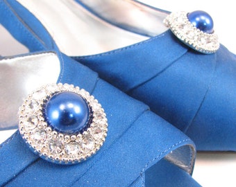 Midnight Blue Shoe Clips with White Rhinestones Round Shoe Accessories 1 Pair Jewelry for your Shoes Wedding Shoeclip