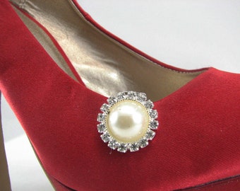 Round Faux Pearl Shoe Clips with White Rhinestones Shoe Accessories 1 Pair Jewelry for your Shoes Wedding Shoeclips