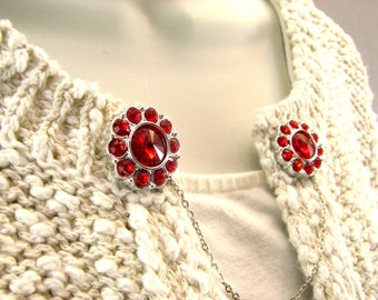 Sweater Clip 11 Brilliant Red Rhinestones Silver Chain Accessories Vintage Inspired Jewelry Collar Clip Red Cardigan Guard Clear rhinestone