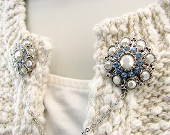 Sweater Clips Opaque White and Blue Rhinestone Cluster Round Wedding Jewelry Collar Clasp Cardigan Clips Vintage Inspired jewelry Accessorie