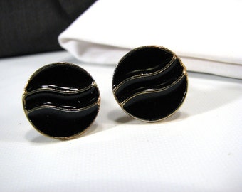 SALE Round Black Cuff Links Men or Women Accessories Wavy Design Shirt Wear French Cuffs Cufflinks