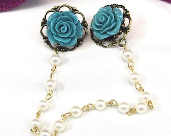 Sweater Clip Teal Blue Collar Clip Beaded Chain Cardigan Clasp Bronze Filigree Vintage Inspired