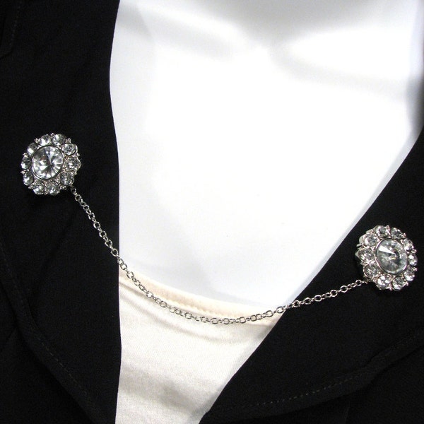 Sweater Clip 11 Brilliant White Rhinestones Silver Chain Accessories Vintage Inspired Jewelry Collar Clip Cardigan Guard Clear rhinestone