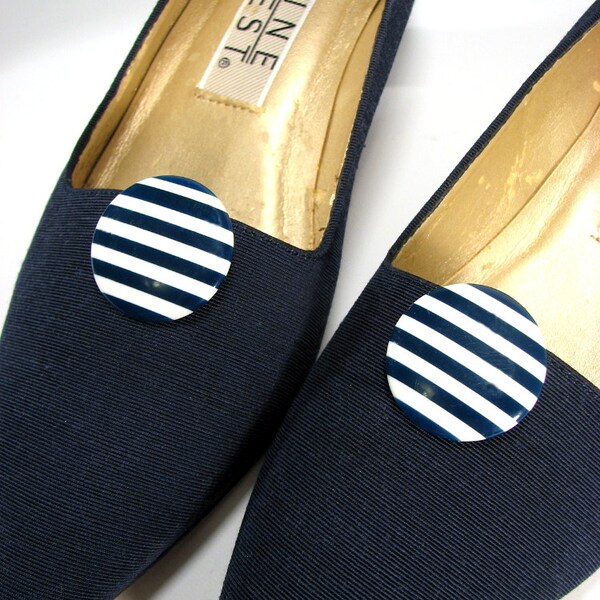 Upcycled Shoe Clips Nautical Navy Blue and White  Stripe Big Round Jewelry for your Shoes 1 Pair