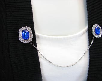 Sweater Clip Sapphire Blue Faceted Jewel White Rhinestones Silver Linked Chain Cardigan Clasp