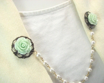 Sweater Clip Cool Mint Green Collar Clip Beaded Chain Cardigan Clasp Vintage Inspired