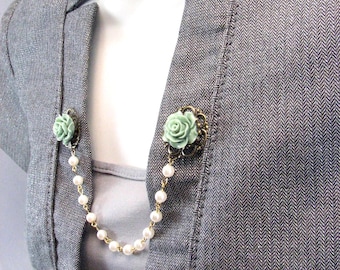 Sweater Clip Sage Green Collar Clip Beaded Chain Cardigan Clasp Vintage Inspired