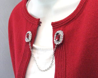 Sweater Clip Dark Red Jewel White Rhinestones Silver Linked Chain Cardigans