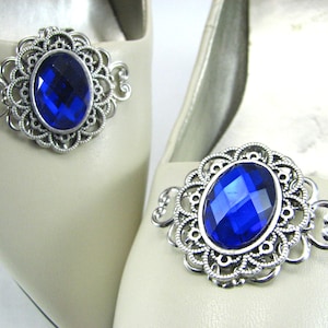 Royal Blue Shoe Clips Sapphire Silver Filigree Faceted Cabochon Jewelry for Shoes 1 Pair Bridal Accessories