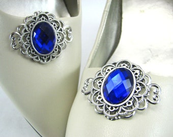 Royal Blue Shoe Clips Sapphire Silver Filigree Faceted Cabochon Jewelry for Shoes 1 Pair Bridal Accessories