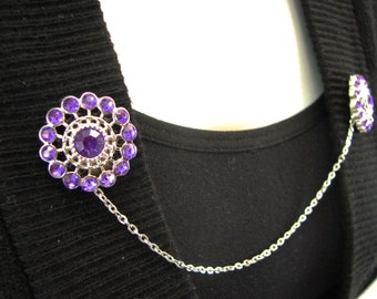 Purple Sweater Clip Silver Chain Orchid Rhinestones Cardigan Clip Violet Sweater Guard Jacket Clasp Vintage Inspired Accessories Collar Clip