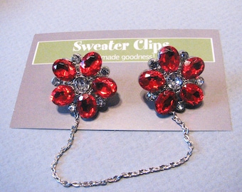 Red Sweater Clip Rhinestone Flower Silver Chain Accessories Vintage Inspired Collar Clip Cardigan Guard Jacket Clasp
