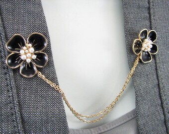 Flower Sweater Clip Cardigan Guard Gold tone Double Chain Collar Clip Accessories Vintage Inspired  Jacket Clasp