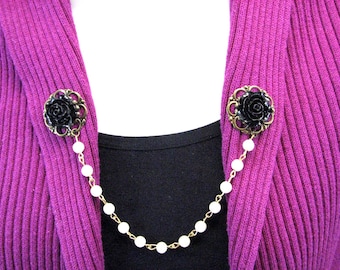 Sweater Clip Black Collar Clip Beaded Chain Cardigan Clasp Bronze Filigree Vintage Inspired