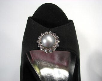 Shoe Clips Silver Grey 'Pearl' and White Rhinestones Gray Wedding 1 Pair Jewelry for your Shoes