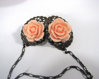 SALE Sweater Clip Light Peach Coral Rose on Fancy Filigree and Delicate Chain Cardigan Clasp Multiple Colors