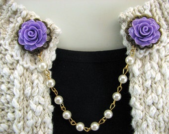 Sweater Clip Blue Purple Collar Clip Beaded Chain Cardigan Clasp Bronze Filigree Vintage Inspired Many Color Choices