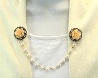 Sweater Clip Pale Peach Collar Clip Beaded Chain Cardigan Clasp Filigree Vintage Inspired