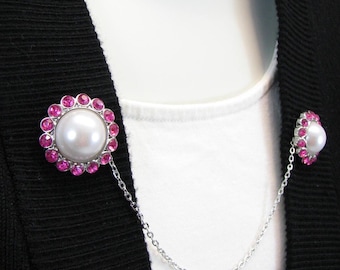 Clearance! Sweater Clip Pearl Hot Pink Rhinestones Vintage Inspire Jewelry Silver Chain Cardigan