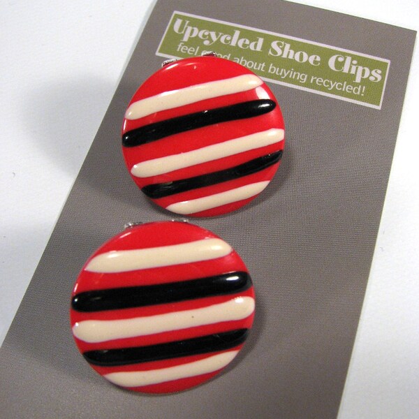 Shoe Clips Red Black and Ivory Stripe Round Upcycled Jewelry for your Shoes