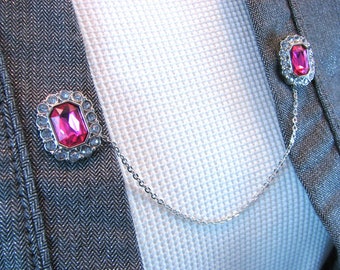 Cardigan Clip Pink Rhinestone Sweater Clip Bright Pink Faceted Jewel Octagon Rhinestones Silver Hot Pink Chain Jacket Clasp Sweater Closure
