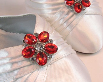 Red Flower Shoe Clips Red Acrylic Stones Pretty Ruby Red Shoeclips 1 Pair Prom Wedding Jewelry for your Shoes