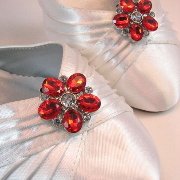 Red Flower Shoe Clips Red Acrylic Stones Pretty Ruby Red Shoeclips 1 Pair Prom Wedding Jewelry for your Shoes