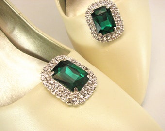 Emerald Green Shoe Clips Stunning Green with Rows of White Rhinestones 1 Pair Prom Wedding Jewels for your Shoes Accessories