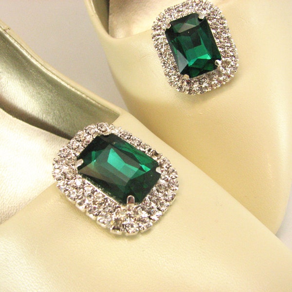 Emerald Green Shoe Clips Stunning Green with Rows of White Rhinestones 1 Pair Prom Wedding Jewels for your Shoes Accessories