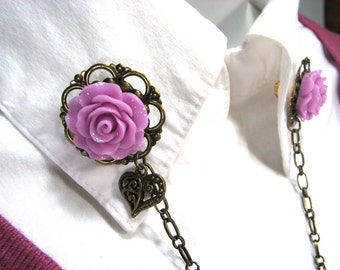 SALE! Sweater Clip Orchid Rose Filigree Heart Charm Chain Collar Clip Closure 8 Color Choices
