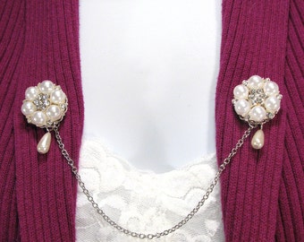 Sweater Clip Pearl and Rhinestone Drop Pearl Wedding Shrug Jewelry Collar Clasp Cardigans