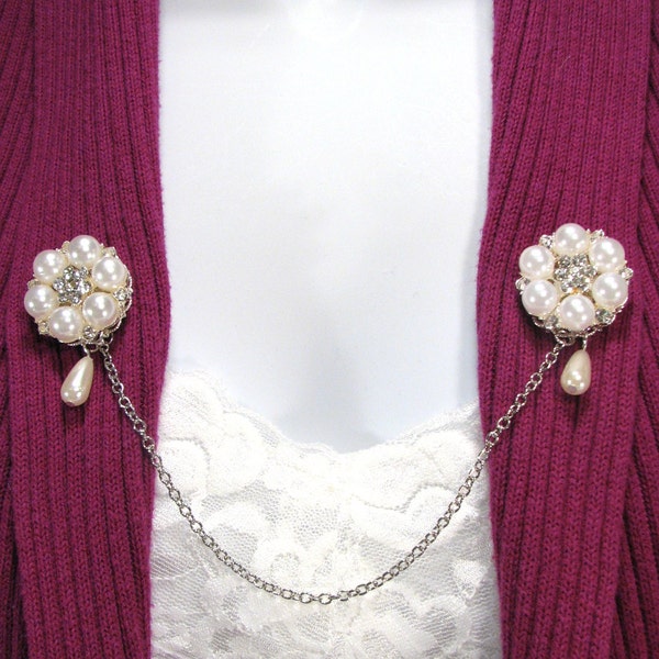 Sweater Clip Pearl and Rhinestone Drop Pearl Wedding Shrug Jewelry Collar Clasp Cardigans