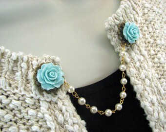 Sweater Clip Blue Light Blue Collar Clip Beaded Chain Cardigan Clasp Bronze Filigree Vintage Inspired Many Color Choices