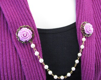Sweater Clip Orchid Collar Clip Beaded Chain Cardigan Clasp Filigree Vintage Inspired