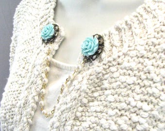Sweater Clip Aqua Blue Collar Clip Beaded Chain Cardigan Clasp Filigree Vintage Inspired