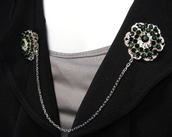 SALE Green Sweater Clips Emerald Green Rhinestones Cluster Silver Filigree Wedding Accessories Collar Jacket Clasp Cardigan Clip