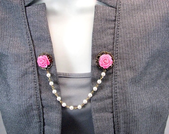 Sweater Clip Bright Pink Collar Clip Beaded Chain Cardigan Clasp Vintage Inspired