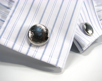 SALE! Silver Cuff Links Large Round Brushed Silver Tone Christmas Attire Upcycled Gift for Men Groom Formal Wear